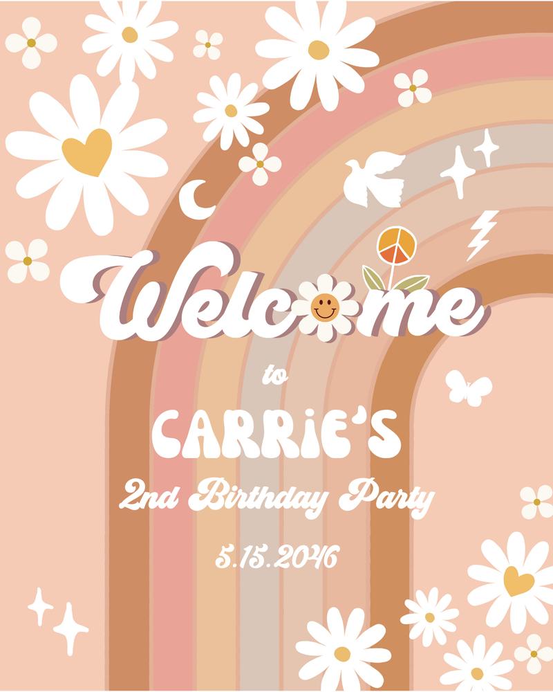 Editable Groovy Birthday Welcome Sign Template | Daisy Rainbow Earthy Beige
