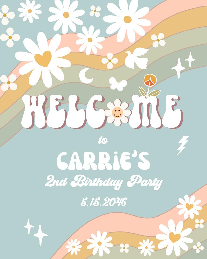 Editable Blue Groovy Birthday Welcome Sign | Daisy & Rainbow Party Decor