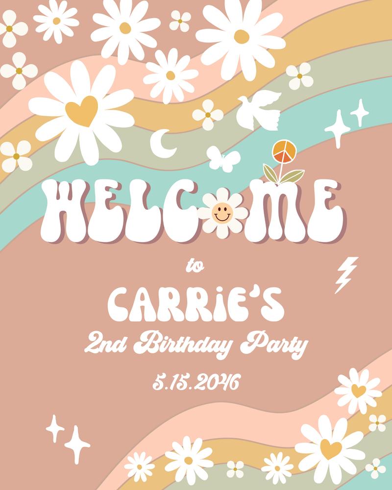 Groovy Daisy Rainbow Birthday Welcome Sign | Any Age Canva Template