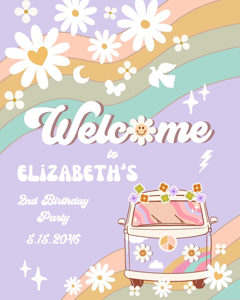 Editable Groovy Van Birthday Welcome Sign - Purple Pink Mint Daisy Any Age