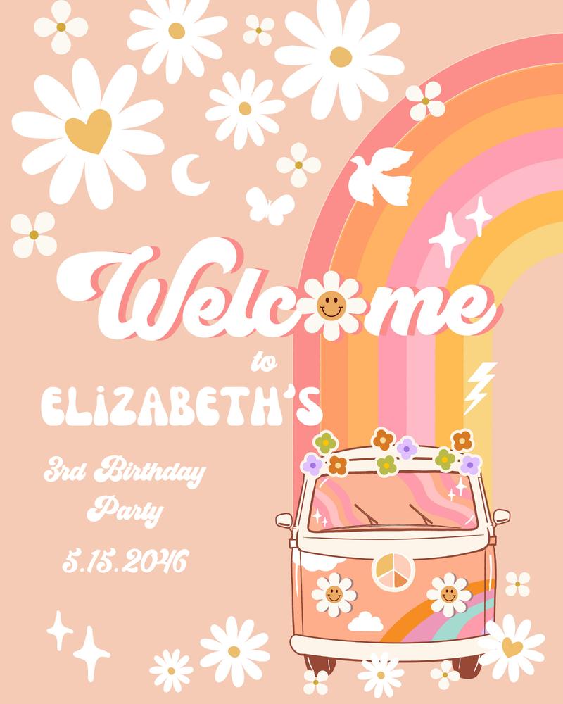 Editable Groovy Girl Birthday Welcome Sign | Pink Peach Daisy Canva Template