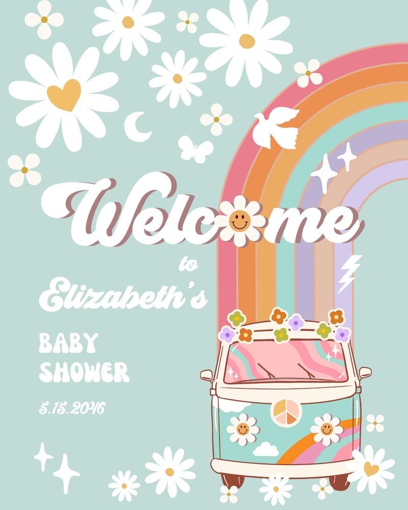Groovy Van Birthday Welcome Sign | Editable Retro Daisy Rainbow Poster