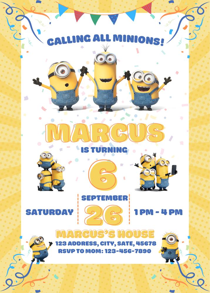 Editable Minions Birthday Invitation Template | Cute Yellow Minion Card Canva
