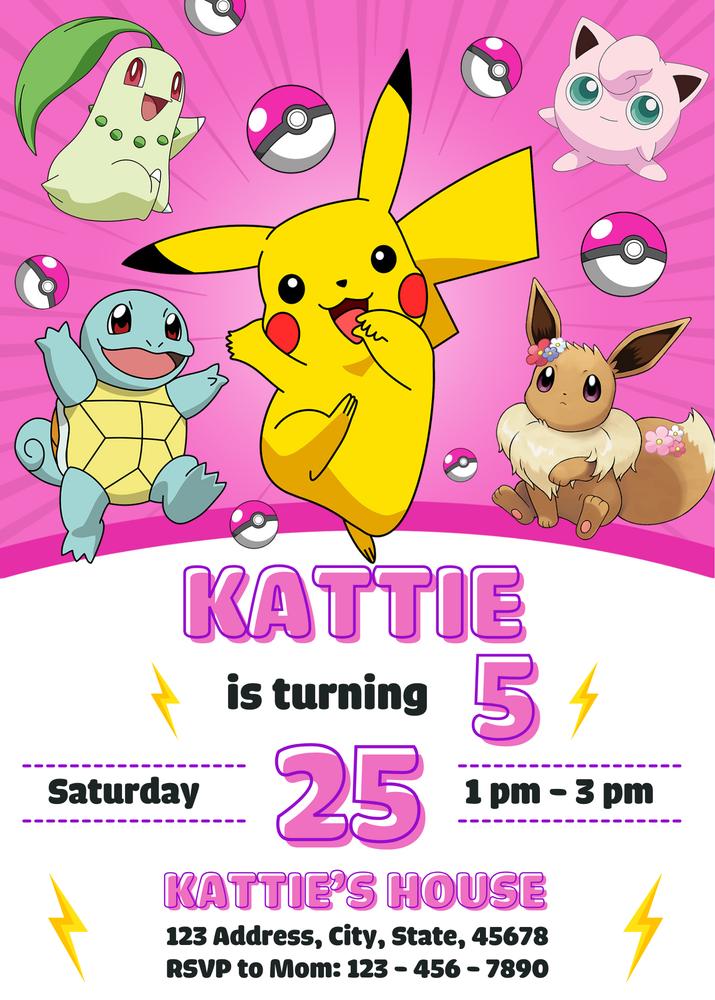 Pokemon Birthday Girl Invitation Template | Editable Canva Pink Pokeball Invite