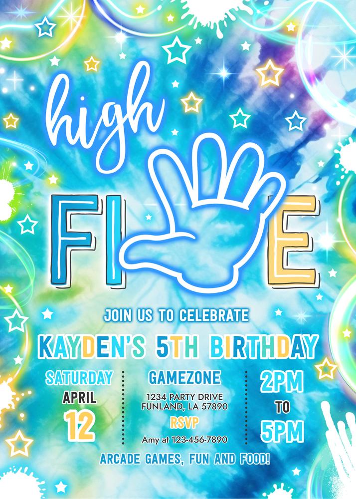 Neon Glow High Five 5th Birthday Invitation | Editable Canva Template H48