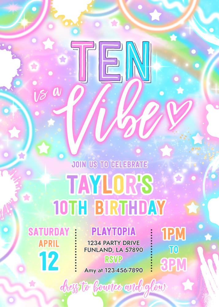 Ten Is A Vibe Neon Glow 10th Birthday Invitation | Editable Canva Template
