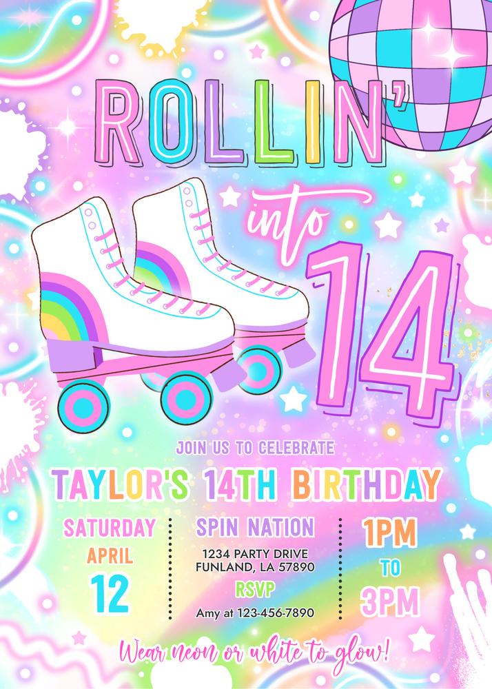 Neon Glow Roller Skating 14th Birthday Invitation | Editable Canva Template