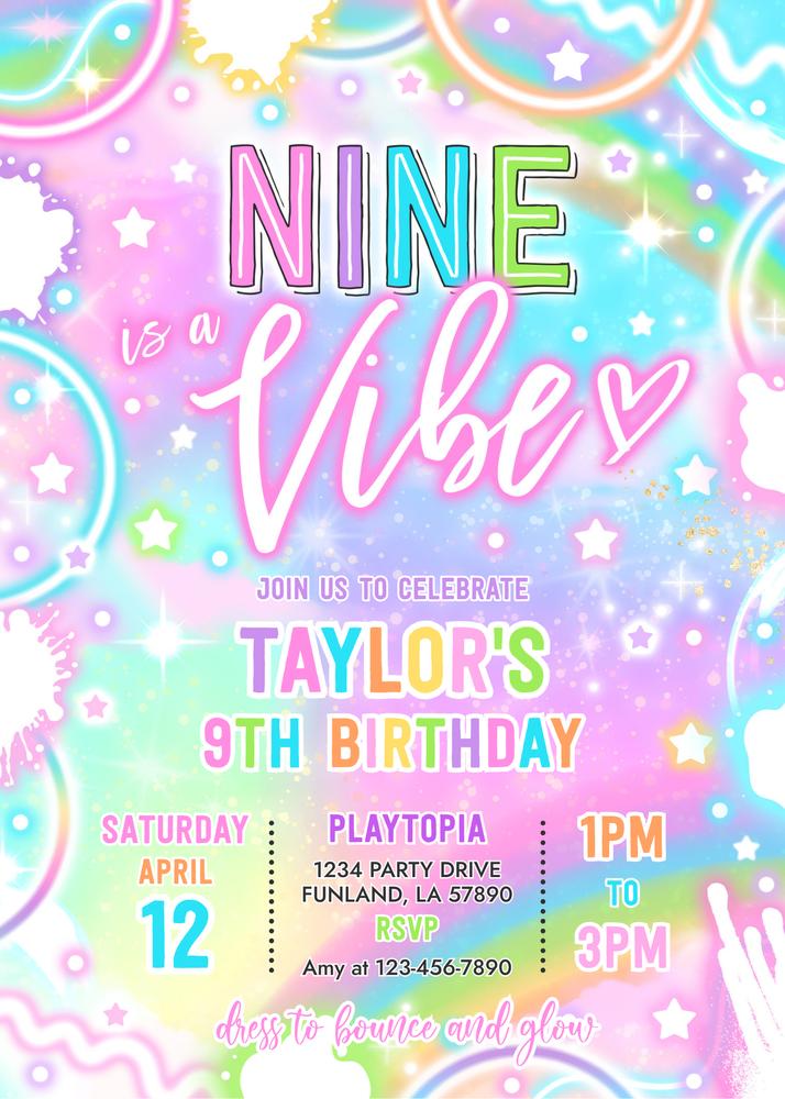 Nine Is A Vibe Neon Glow 9th Birthday Invitation | Editable Canva Template