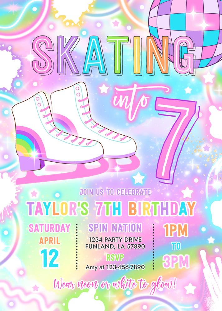 Neon Glow Ice Skating 7th Birthday Invitation | Editable Canva Template