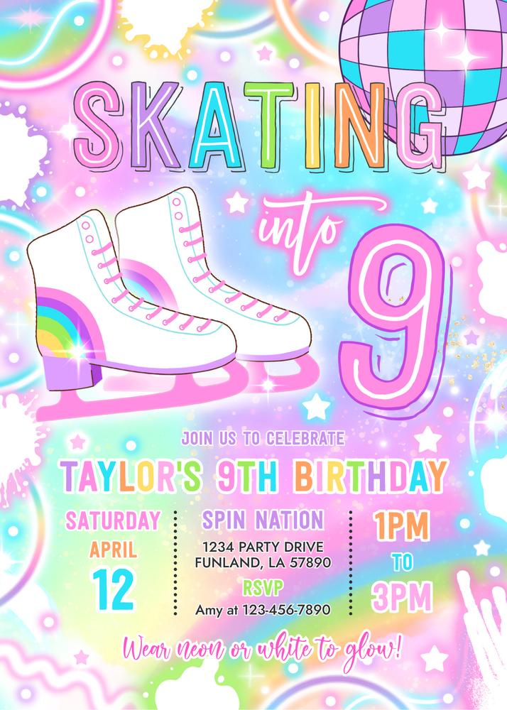 Neon Glow Ice Skating 9th Birthday Invitation | Editable Canva Template