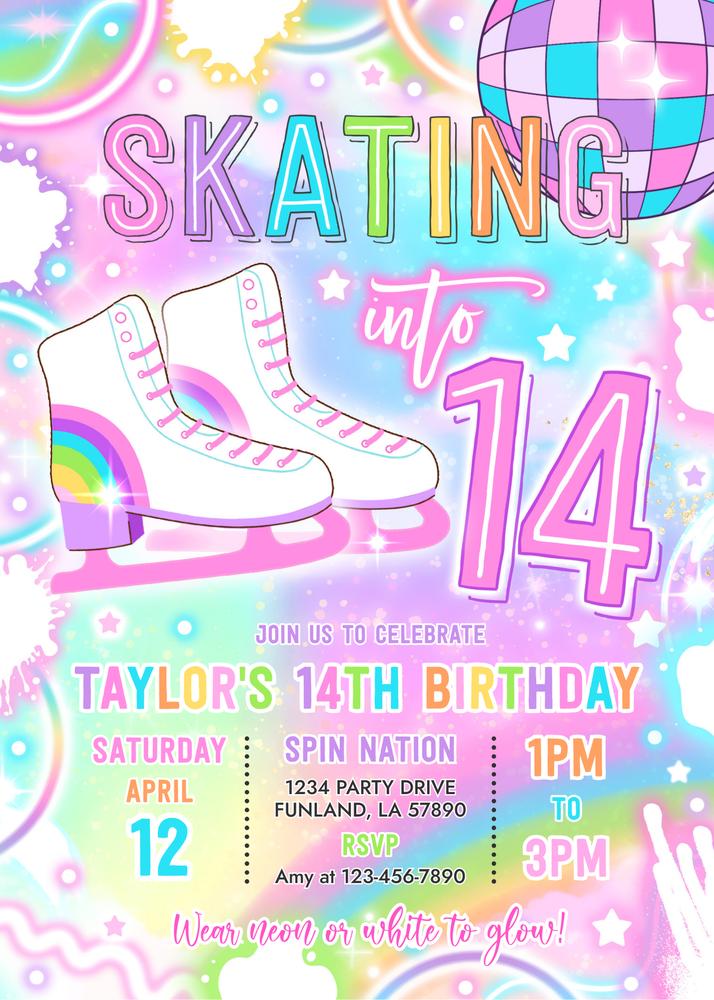 Neon Glow Ice Skating 14th Birthday Invitation | Editable Canva Template