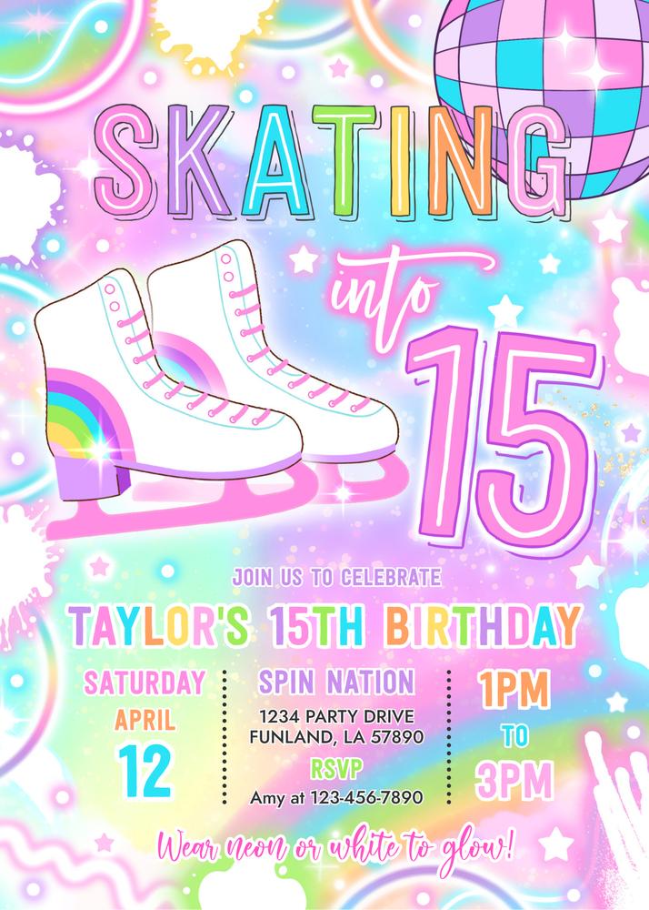Neon Glow Ice Skating 15th Birthday Invitation - Editable Canva Template