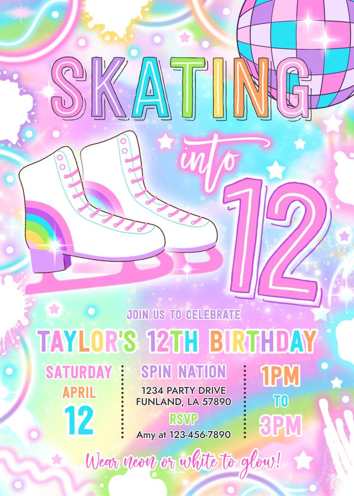 Neon Glow Ice Skating 12th Birthday Invitation | Editable Canva Template