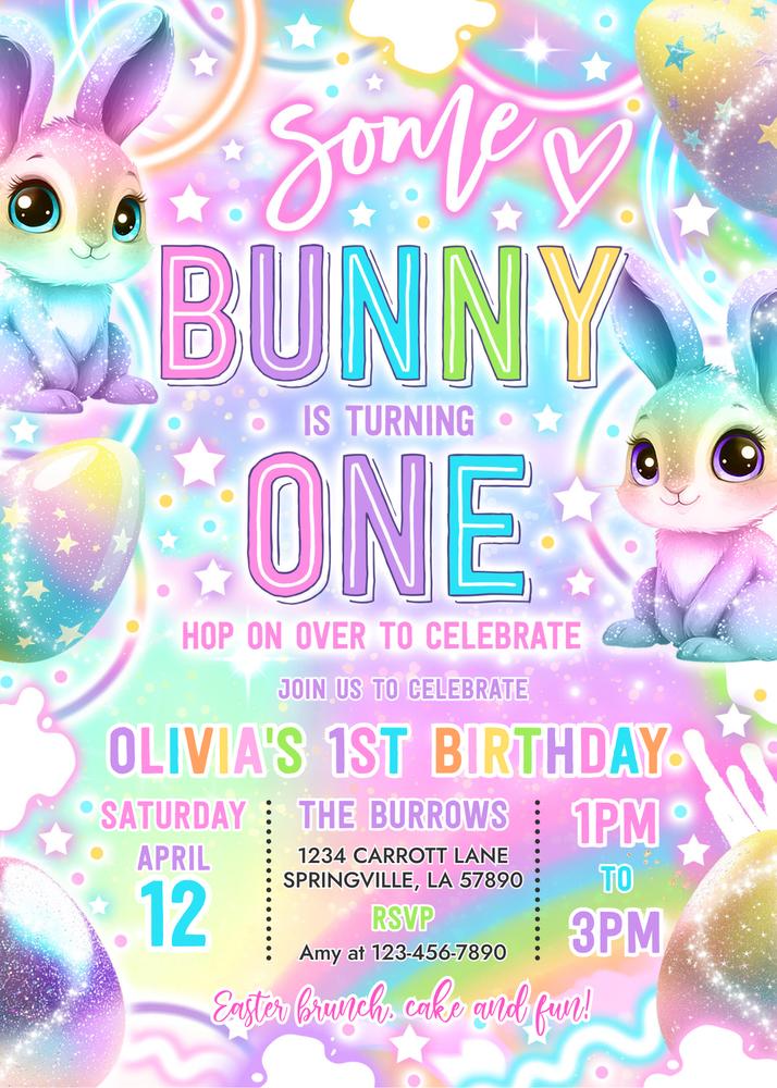 Neon Glow Bunny 1st Birthday Invitation | Editable Canva Template