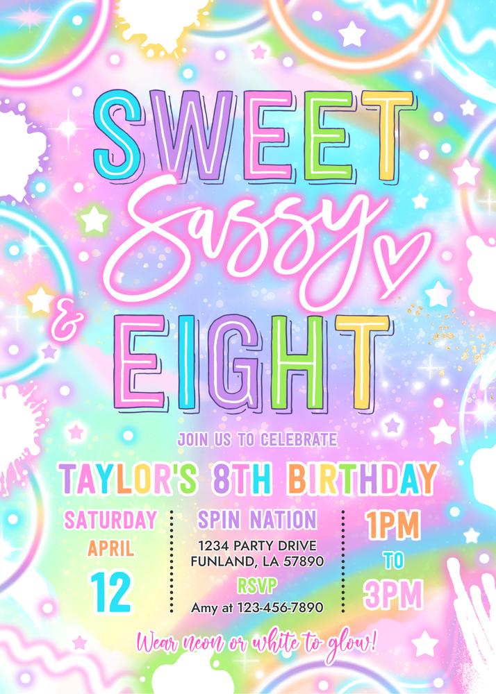 Neon Glow 8th Birthday Invitation | Editable Sweet Sassy & Eight Canva Template