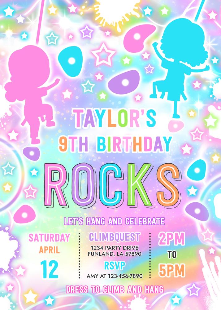 Neon Rock Climbing Birthday Invitation | Glow Tie Dye Canva Template