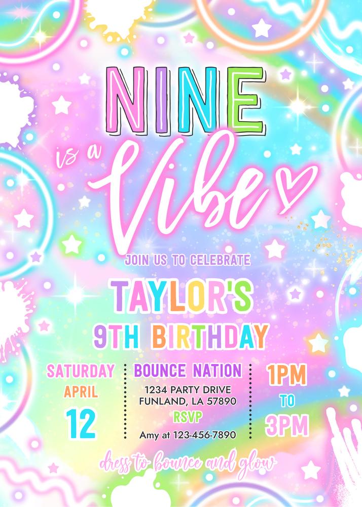Neon Glow 9th Birthday Invitation | Nine Is A Vibe Canva Template