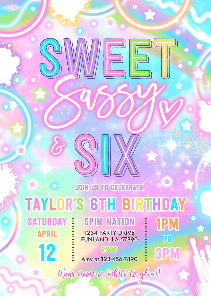 Neon Glow Sweet Sassy and Six 6th Birthday Party Invitation Canva Template