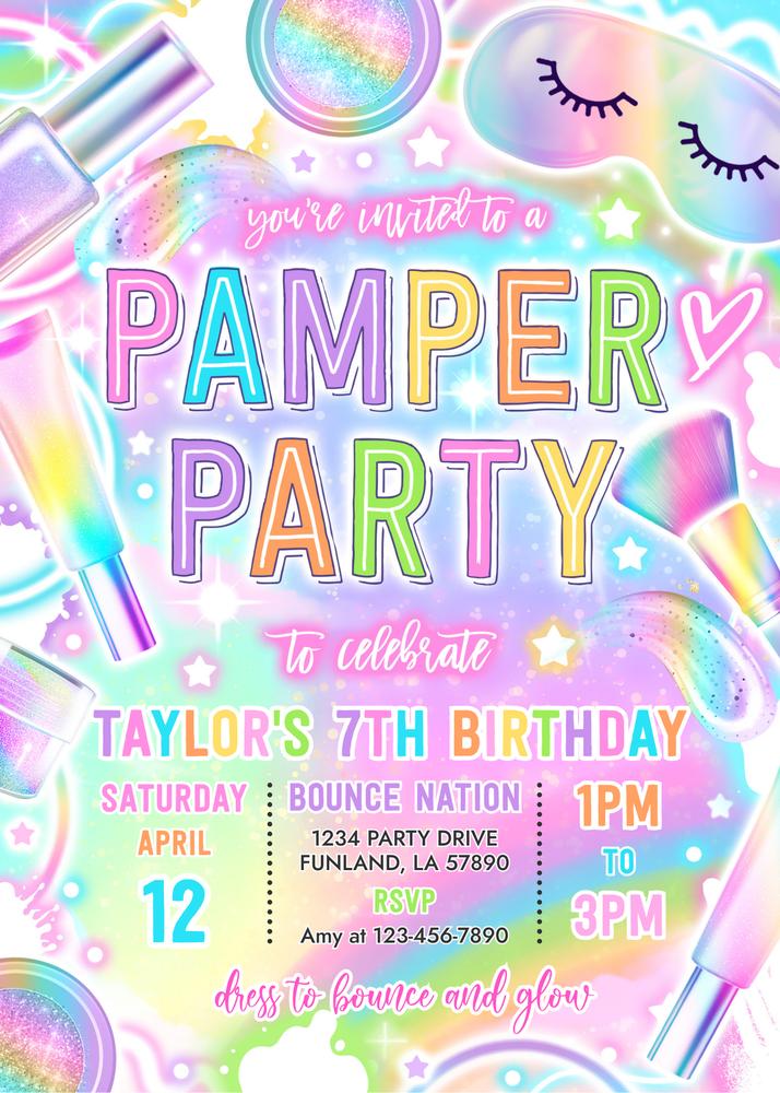 Neon Glow Pamper Party Birthday Invitation | Editable Canva Template DIY