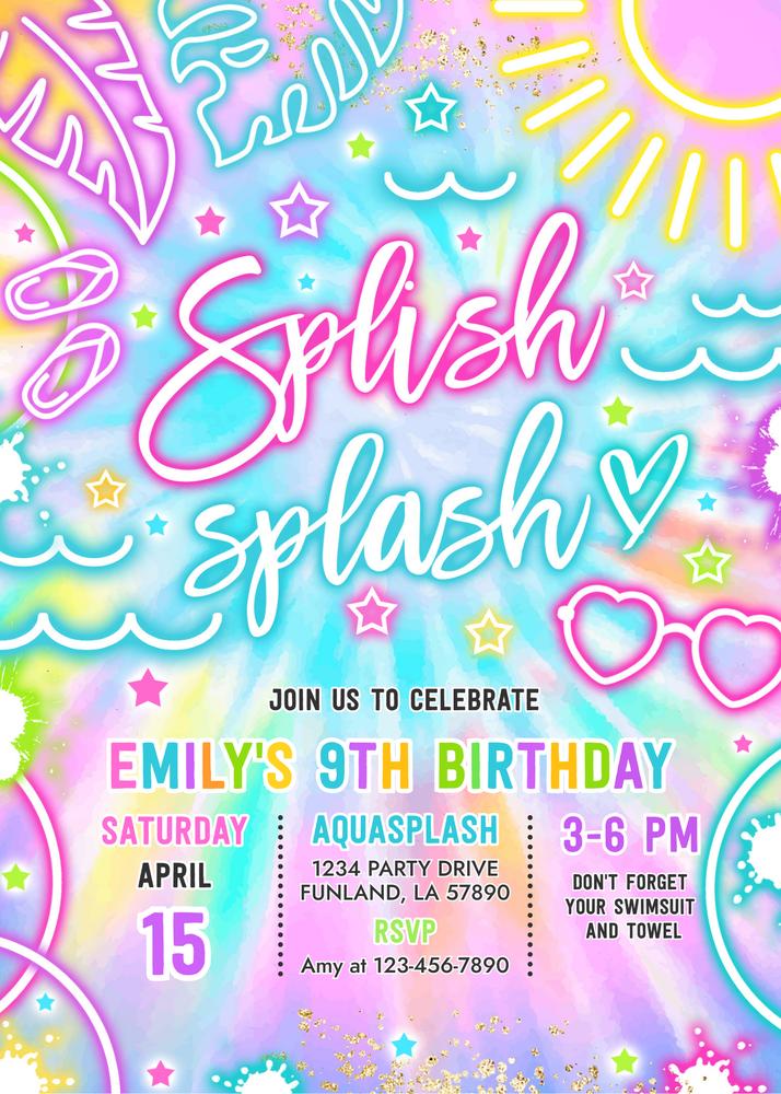 Glow Neon Tie Dye Splish Splash Birthday Invitation | Editable Canva Template