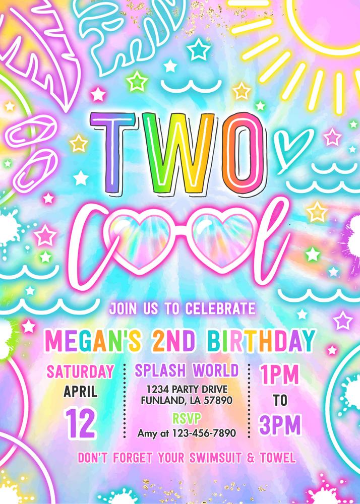 Glow Neon Tie Dye Two Cool Pool 2nd Birthday Invitation Canva Template