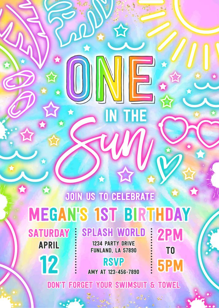 Neon Tie Dye One in the Sun Pool 1st Birthday Invitation Canva Template