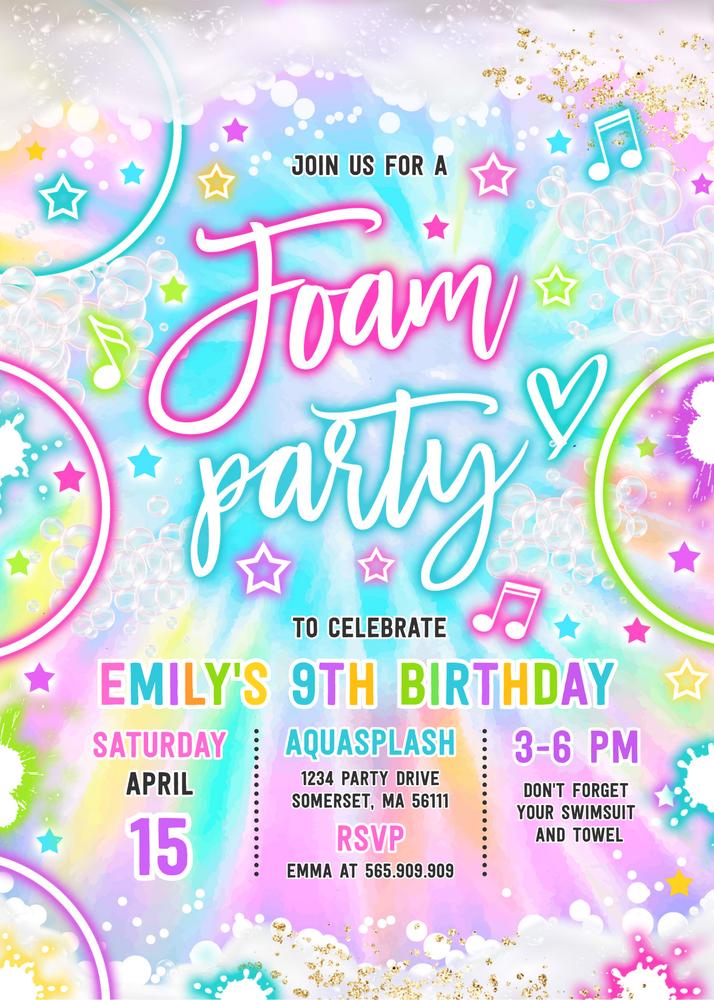 Glow Neon Tie Dye Foam Party Birthday Invitation - Editable Canva Template