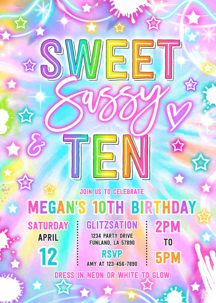Neon Glow Sweet Sassy and Ten 10th Birthday Invitation Canva Template