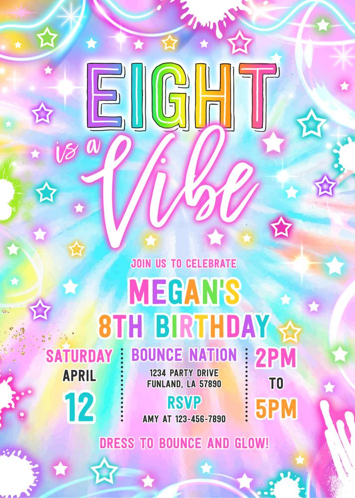 Eight Is A Vibe Neon Glow 8th Birthday Invitation | Editable Canva Template