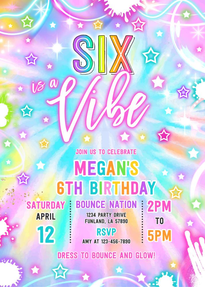 Six Is A Vibe Neon Glow 6th Birthday Invitation | Editable Canva Template