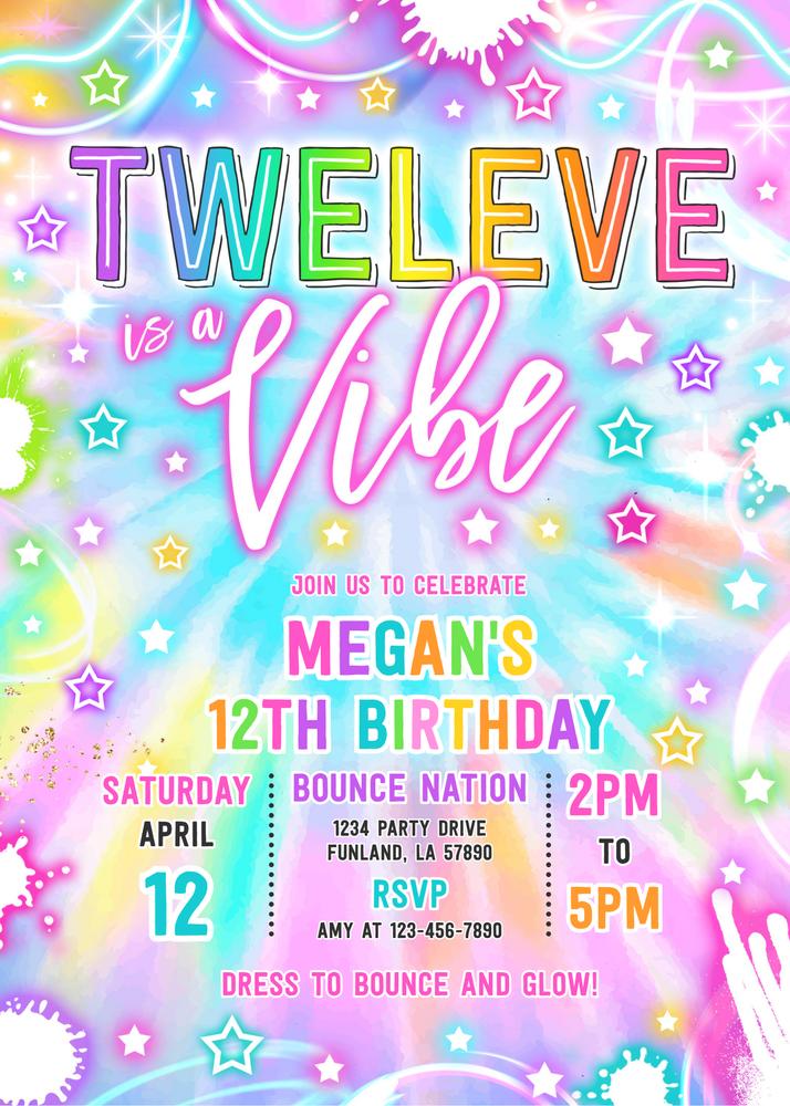 Twelve Is A Vibe Neon Glow 12th Birthday Invitation | Editable Canva Template