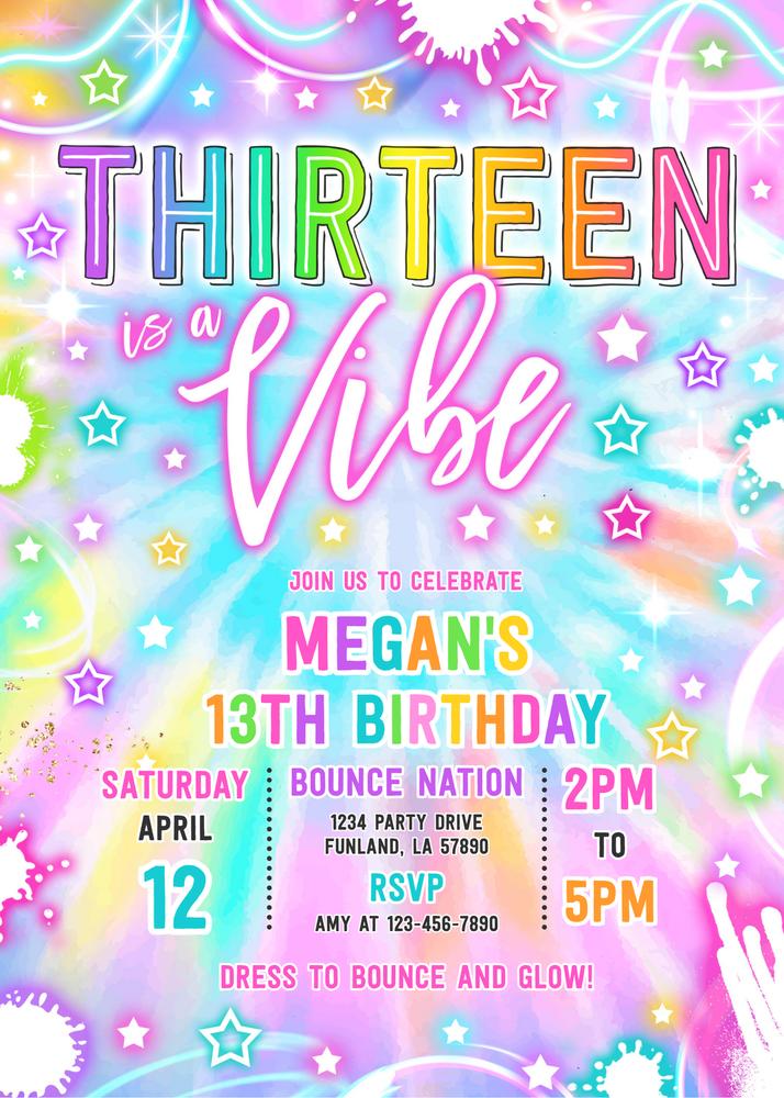Thirteen Is A Vibe Neon Glow 13th Birthday Invitation Canva Template