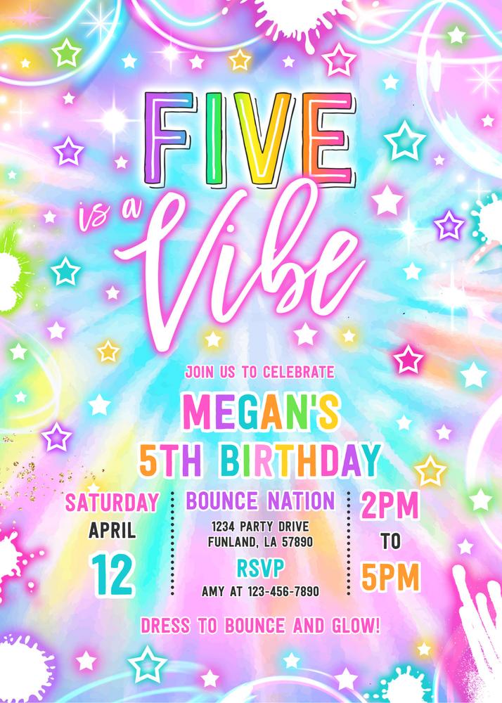Five Is A Vibe 5th Birthday Invitation | Neon Glow Retro Canva Template