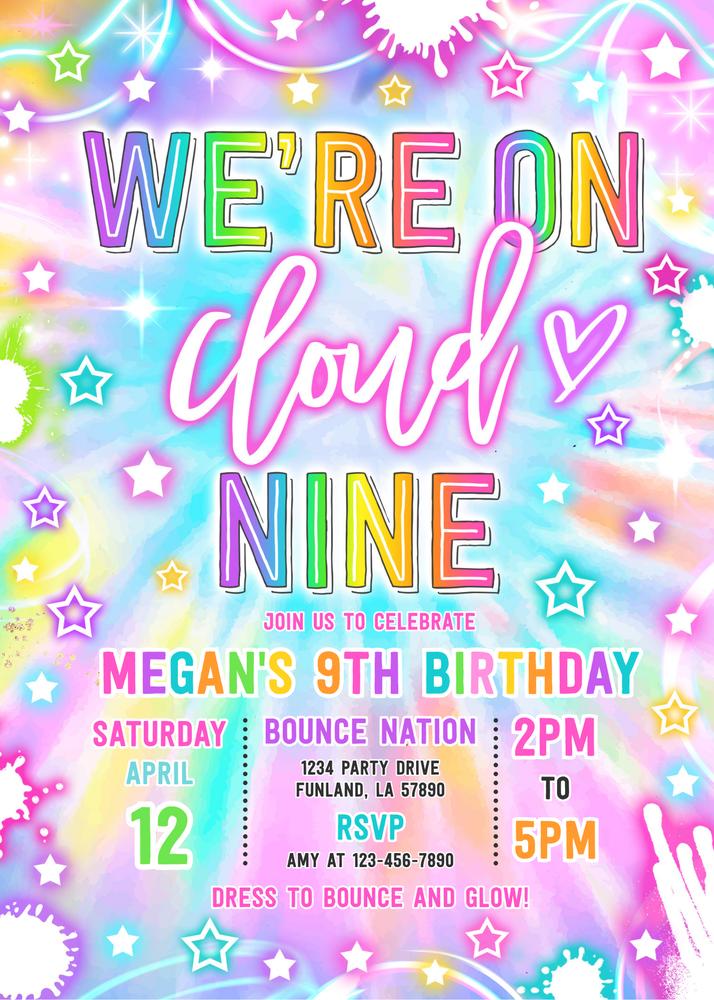 Neon Disco Cloud 9 Birthday Invitation | Editable Canva Template