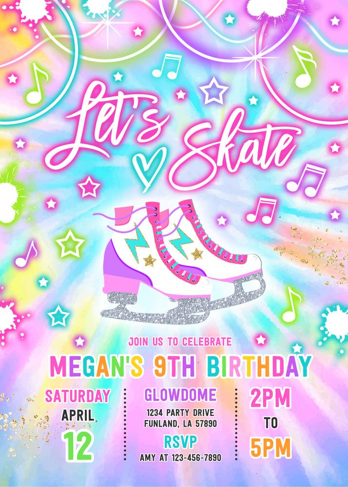 Neon Glow Tie Dye Ice Skating Party Invitation | Editable Canva Template