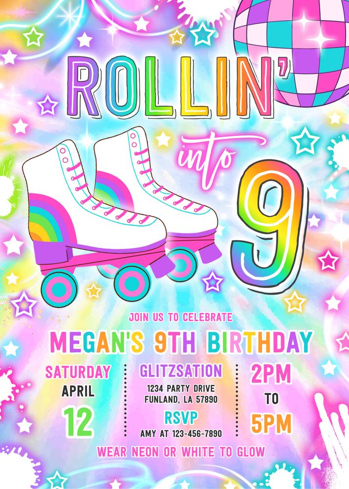 Neon Glow Roller Skating 9th Birthday Invitation | Editable Canva Template