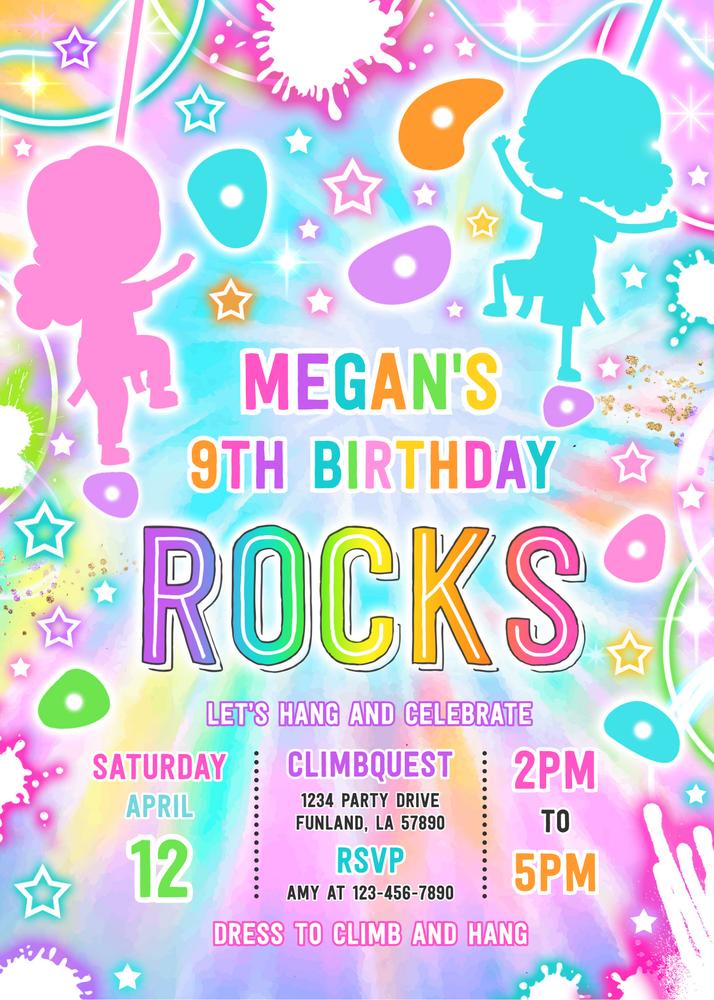 Neon Glow Tie Dye Rock Climbing Birthday Invitation - Canva Template