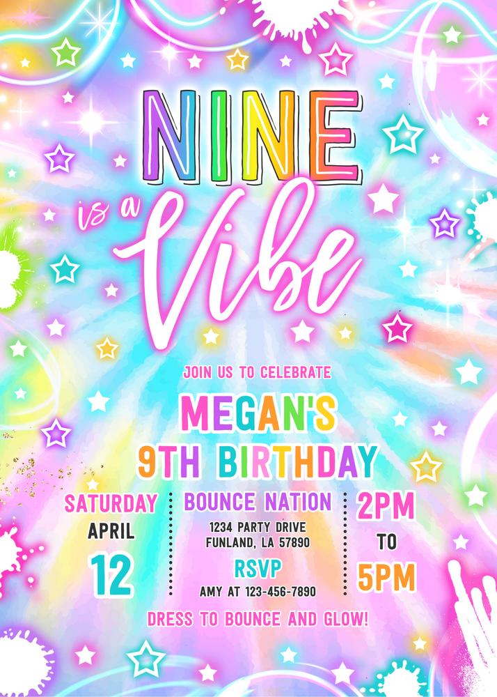 Nine Is A Vibe Neon Glow 9th Birthday Invitation | Editable Canva Template