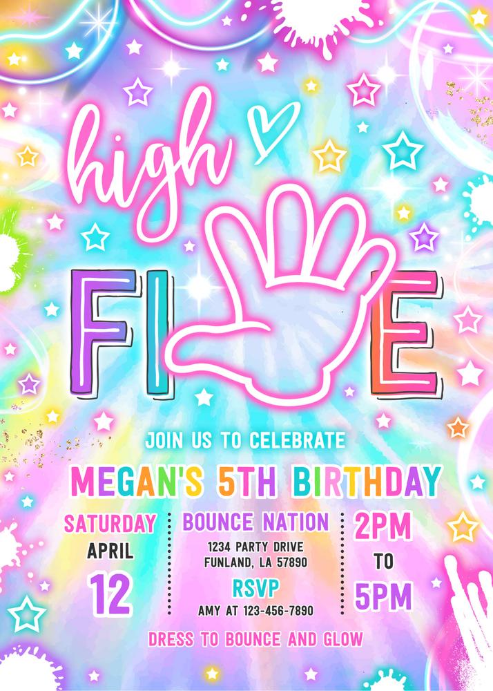 Neon Glow High Five 5th Birthday Invitation | Editable Canva Template
