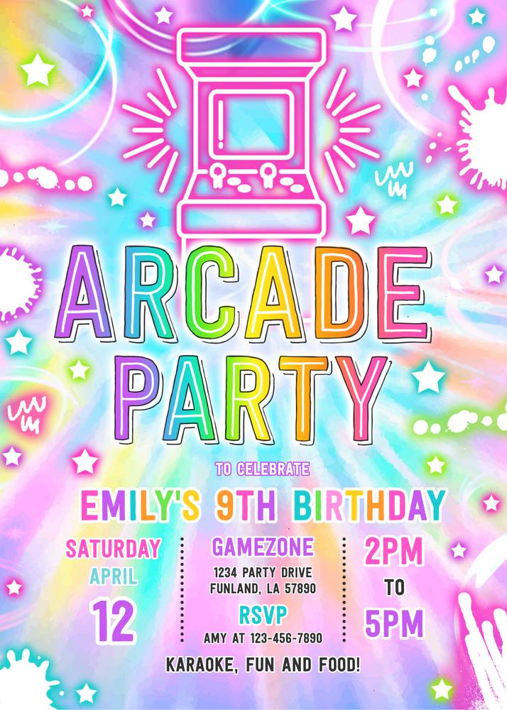 Neon Tie Dye Gaming Video Arcade Birthday Invitation Canva Template