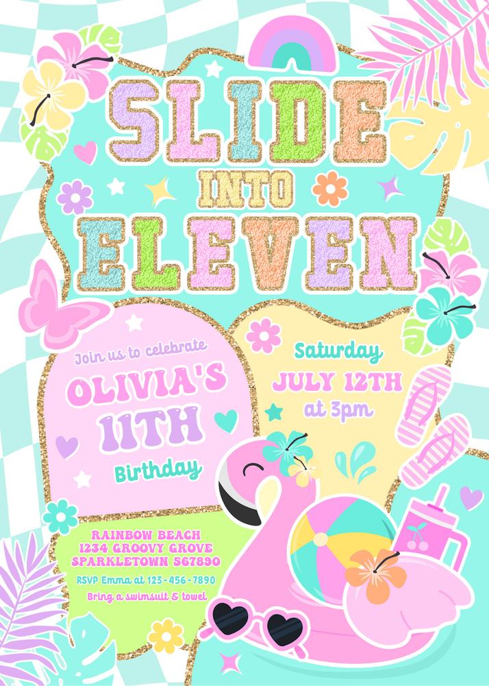 Preppy Slide Into Eleven 11th Birthday Pool Party Invitation Canva Template