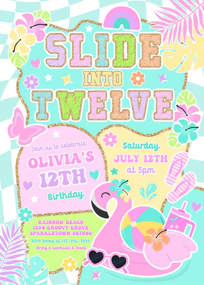Preppy Slide Into Twelve 12th Birthday Pool Party Invitation Canva Template