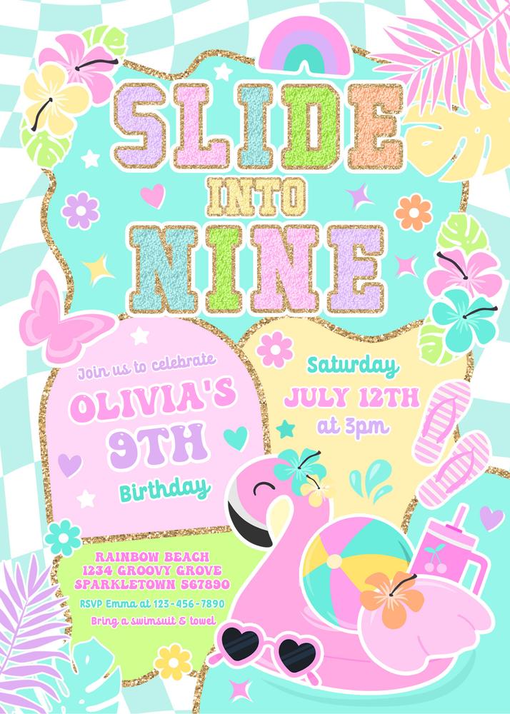 Editable Preppy Slide Into Nine 9th Birthday Pool Party Invite Canva Template