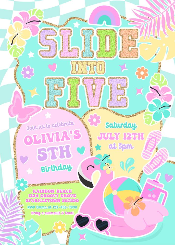 Preppy 5th Birthday Pool Party Invitation Canva Template - Slide Into Five