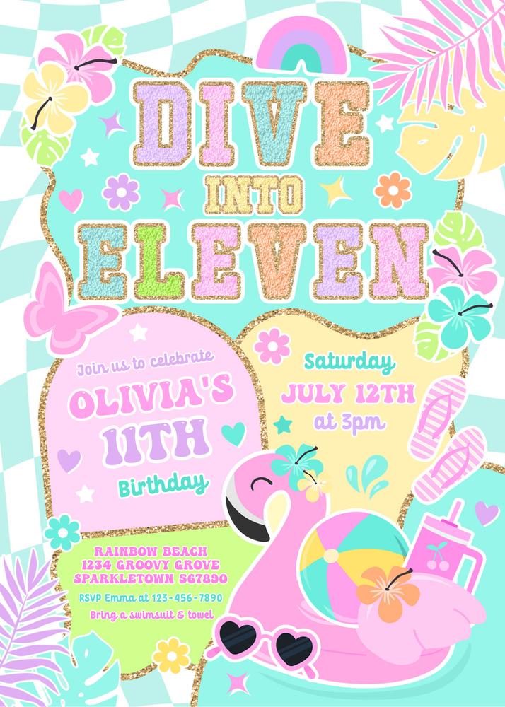 Preppy Dive Into Eleven 11th Birthday Pool Party Invite | Canva Template