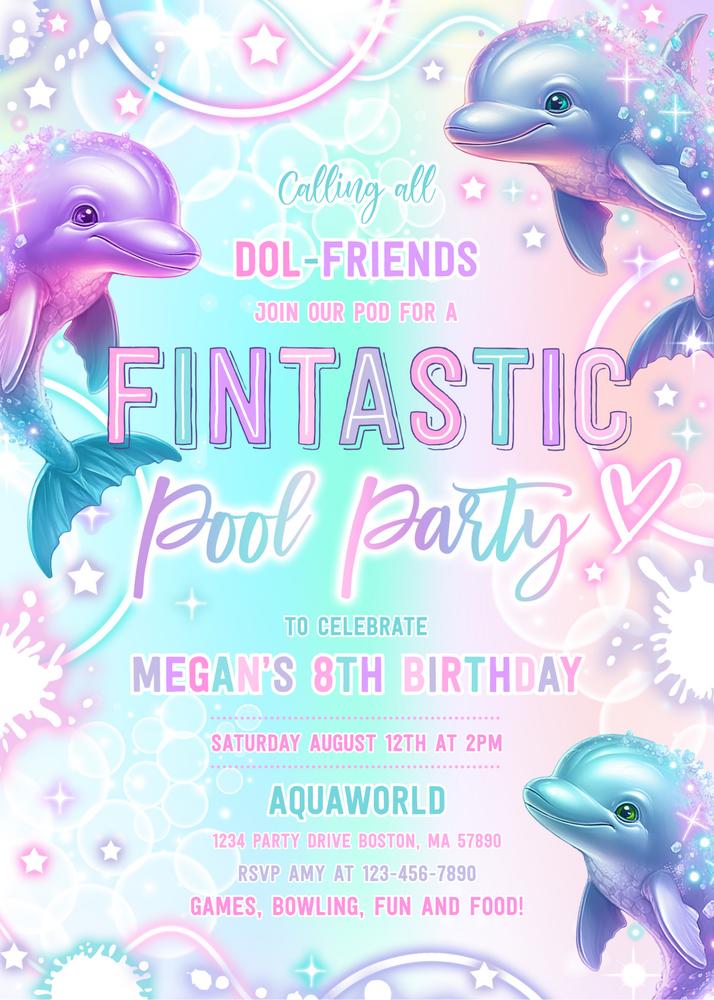 Neon Tie Dye Dolphin Under the Sea Pool Party Invite - Canva Template