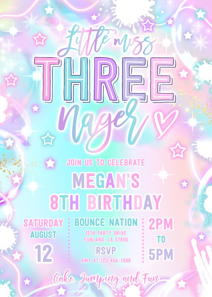 Little Miss Threenager 3rd Birthday Invitation, Neon Glow Canva Template