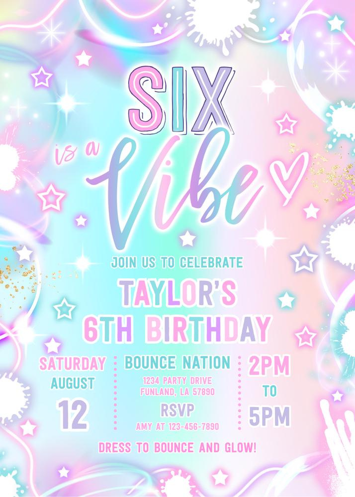 Neon Six Is A Vibe 6th Birthday Invitation | Editable Canva Template Glow Party