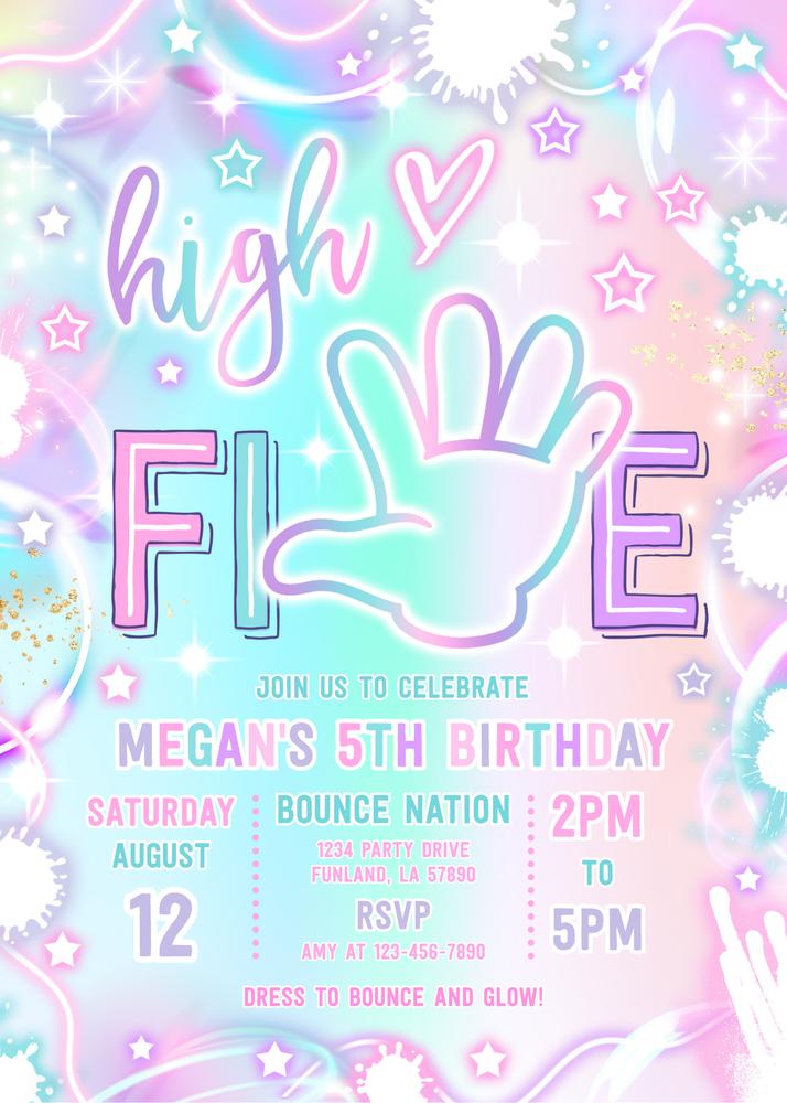 Neon Glow High Five 5th Birthday Invitation | Editable Canva Template