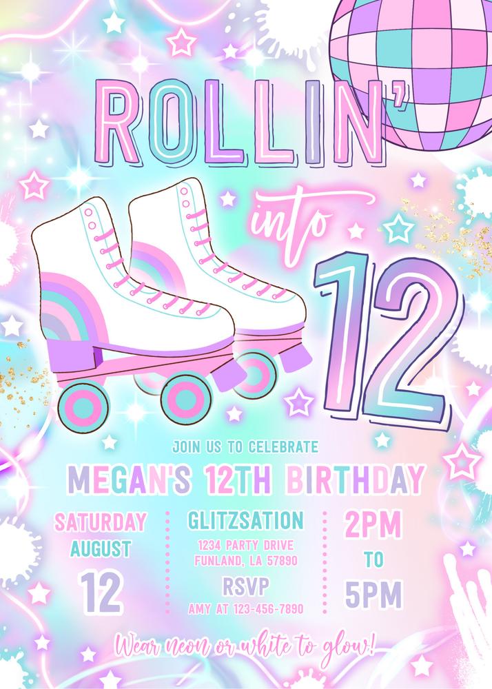 Neon Roller Skating 12th Birthday Invitation Template | Glow Party Rollin Into 12